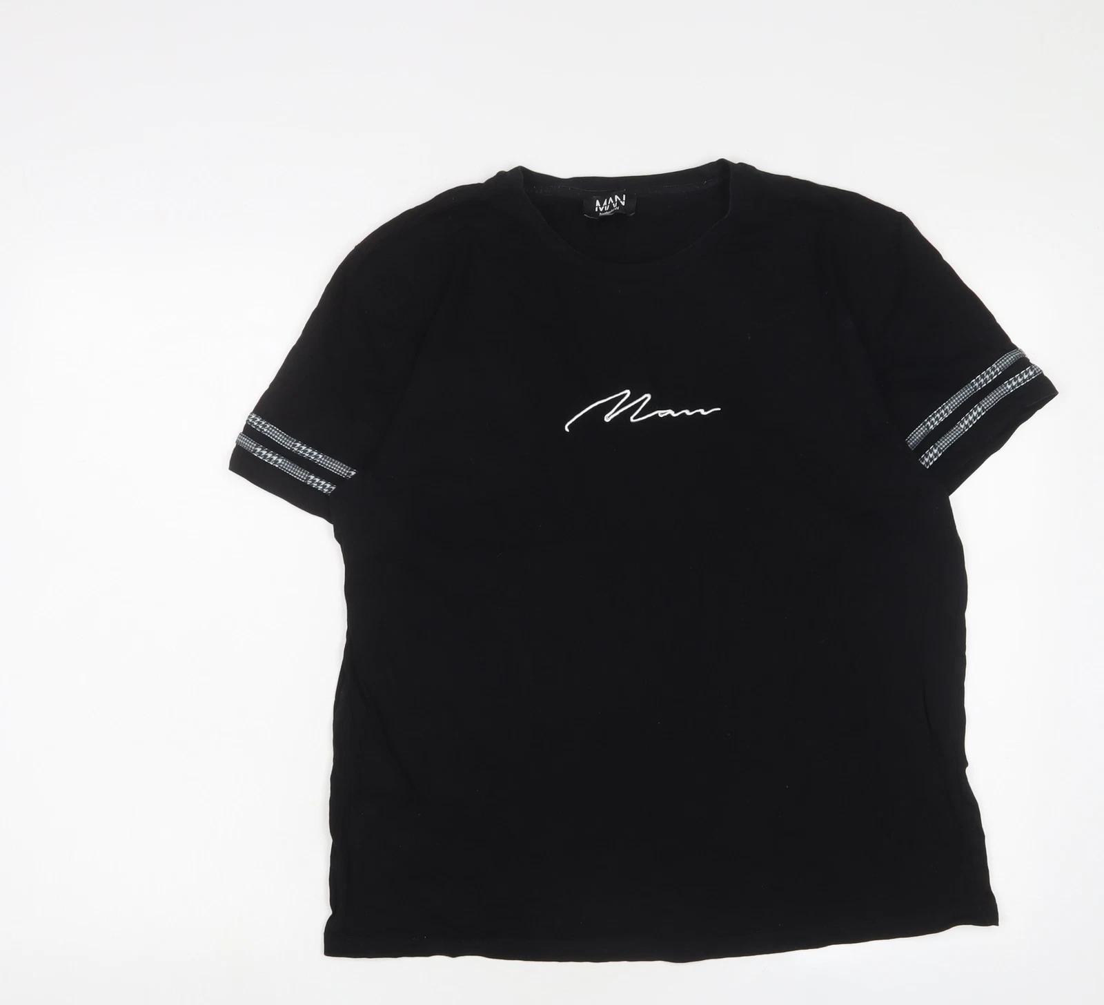 Boohoo Mens Black Cotton T-Shirt Size L Crew Neck - Logo, Embroidered 4XL