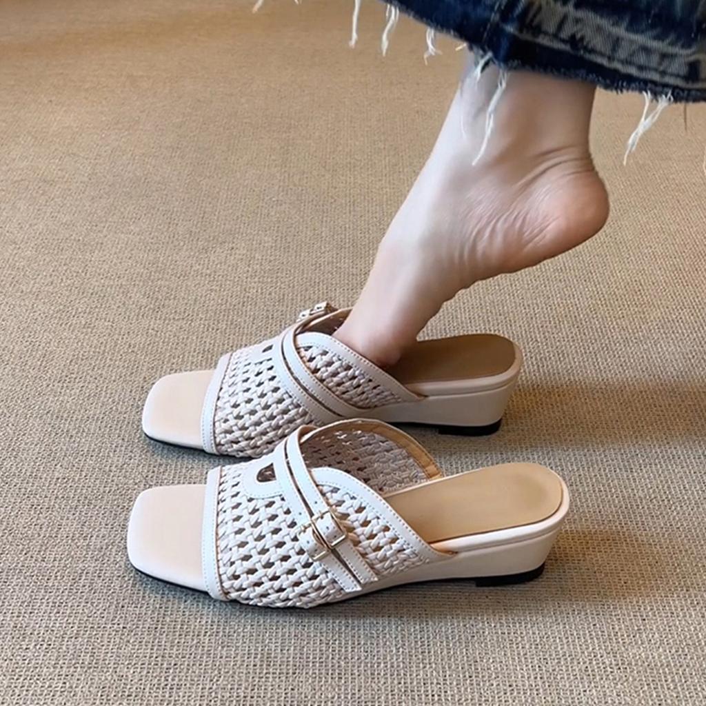 Sheepskin Version~ French One-word Slippers Women's Wedge Heel Leather Retro Woven Hollow Square Head Outer Wear Xia Liang Slippers