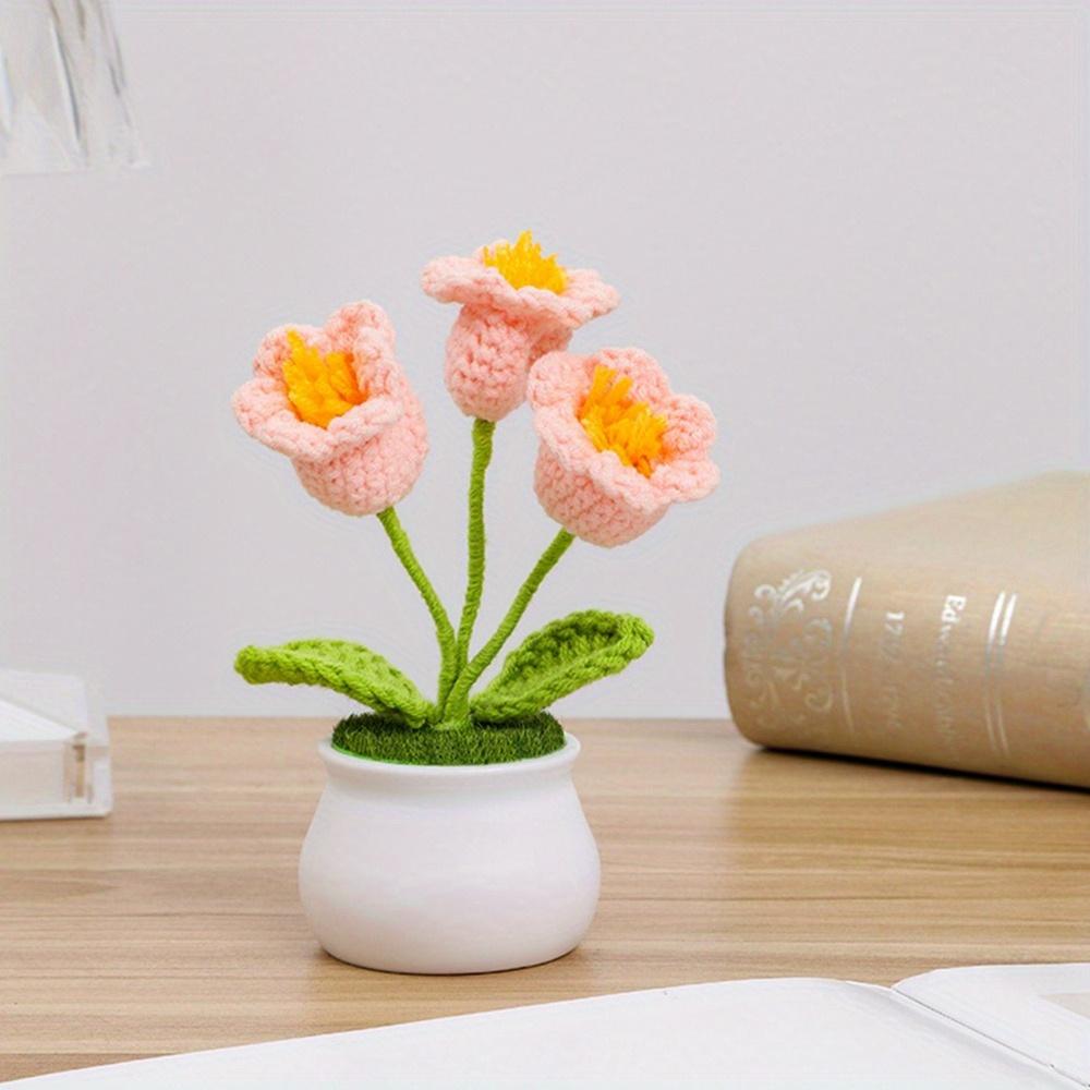 2 Pcs Knitting Crochet Bell Orchid Flowers Potted Plants for Wife Girlfriend and Women, Handmade Flowers for Car Decoration Home Decoration
