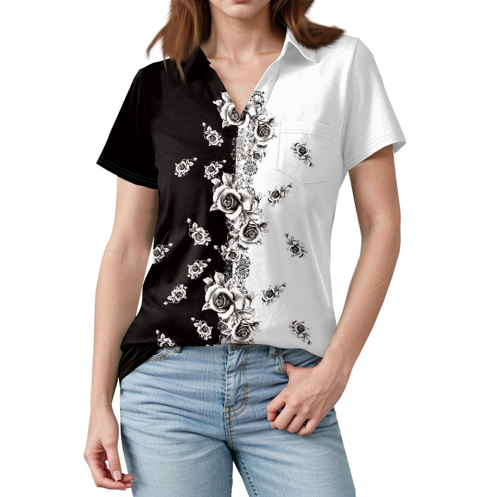 Damen Bluse Sommer Business Casual Arbeitstops Kurzarm Button-Down-Kragen V-Ausschnitt Bluse T-Shirt