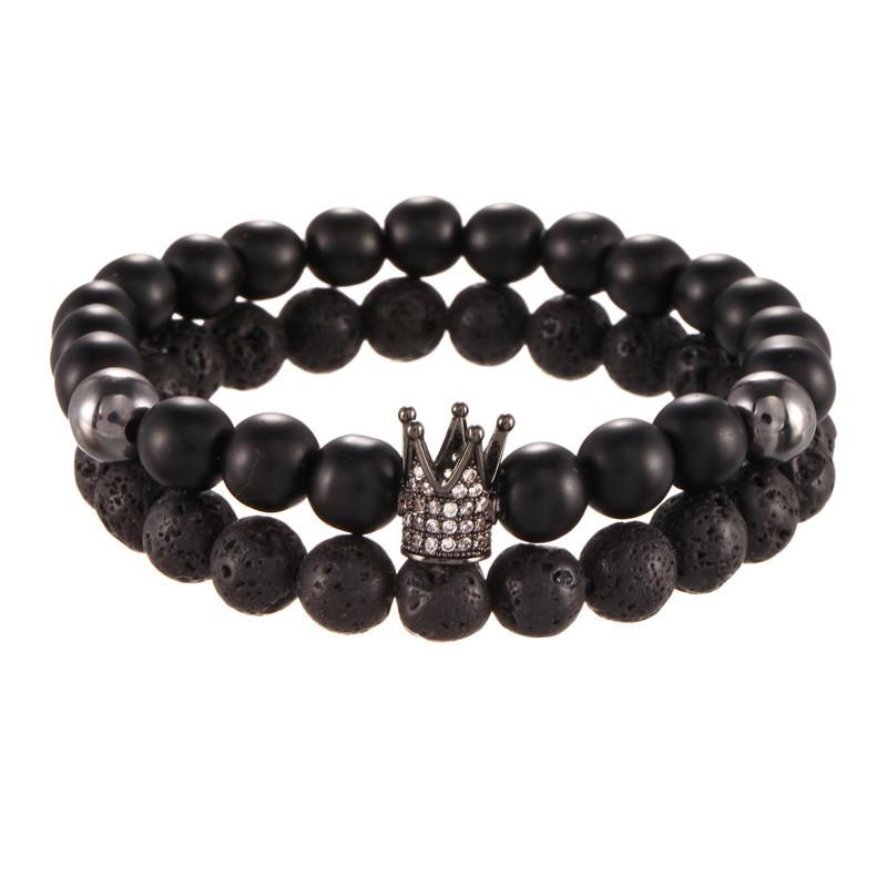 Accessories 8mm black matte lava stone micro-inlaid zircon crown two-piece set bracelet bracelet men