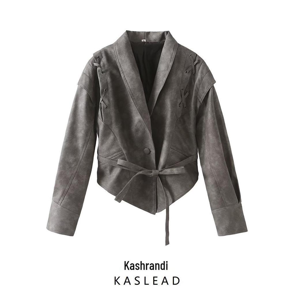 Spring 2025 Women's Retro Shawl Collar Leather Jacket with Belt - European & American Style