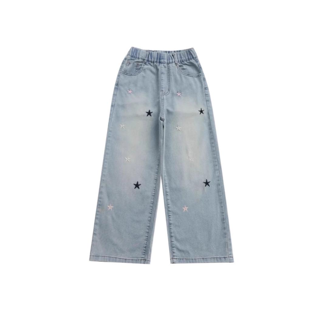 Spring Autumn Girls Jeans Embroidery Five-pointed Star Loose Pants for 3-12 Years Teen Girls Stylish Denim Wide Leg Pants