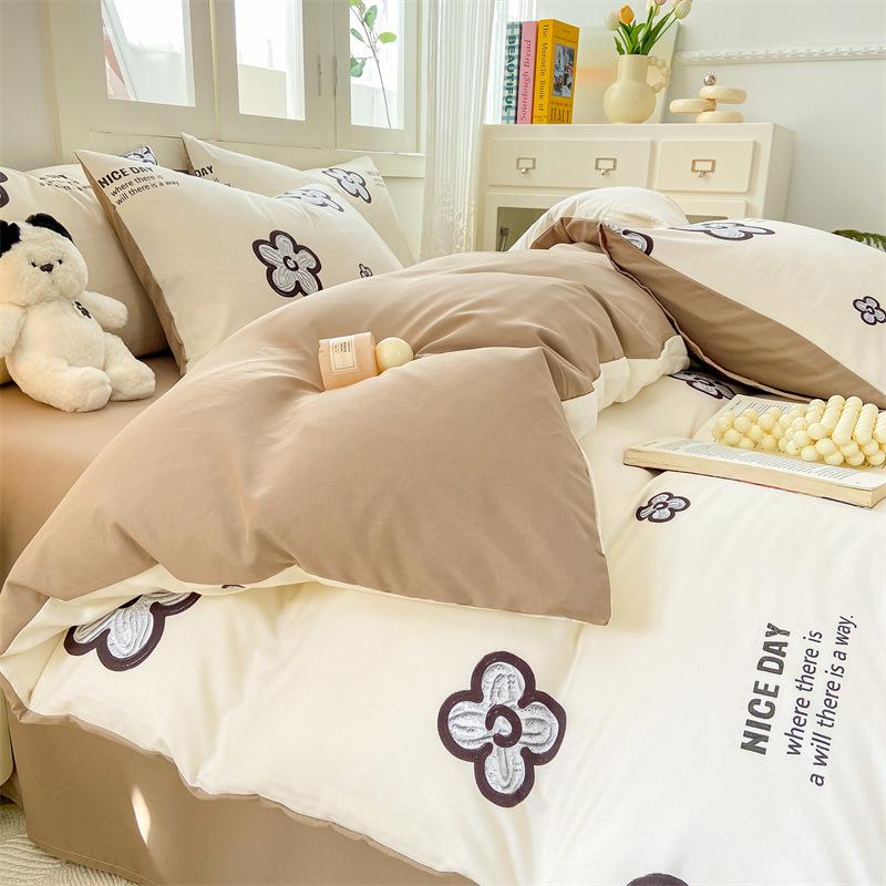 Class A Small and fresh 100% washed cotton 4pcs set, pure cotton polished quilt cover, single bed hat, student dormitory three 4-piece set