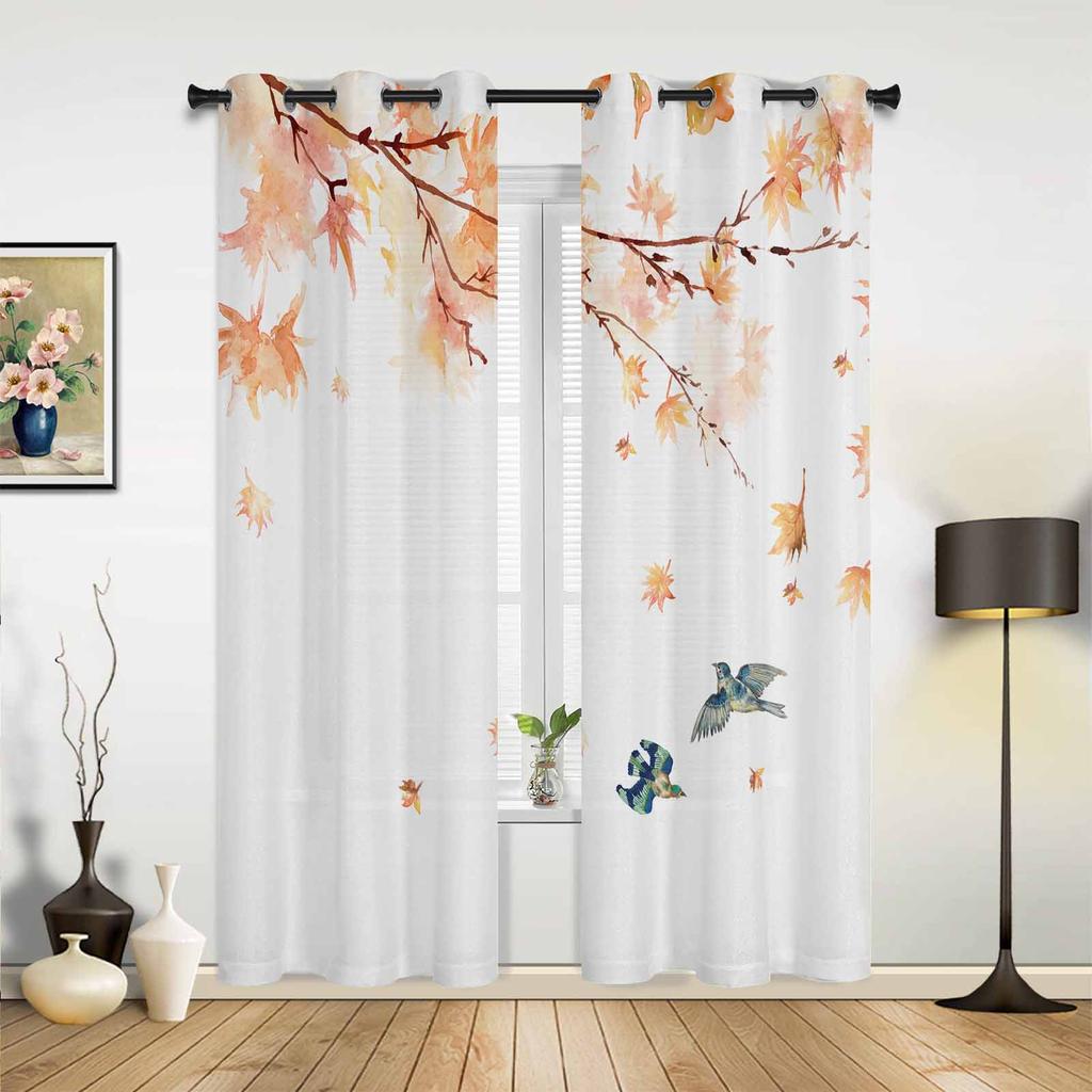 Maple Leaves Branches Birds Window Curtains for Living Room Luxury Bedroom Curtain Kitchen Blinds Drapes Curtains