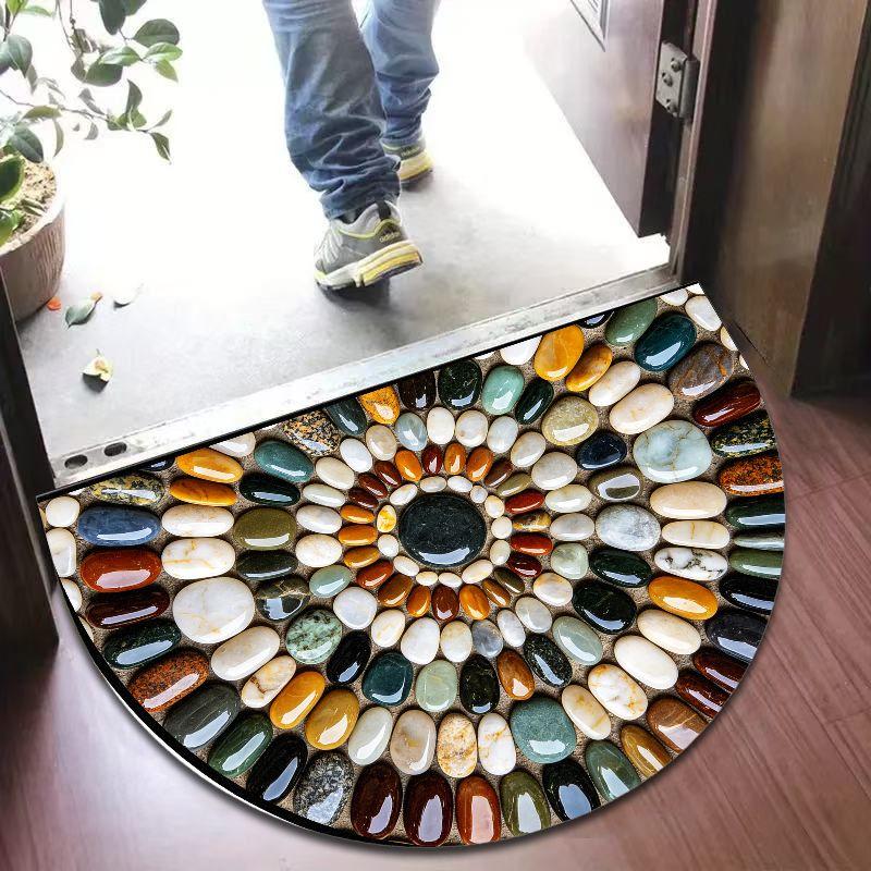 Rainbow Pebble Half Round Bath Mat, Non-slip Water Absorbent Natural Stone Bathroom Rug
