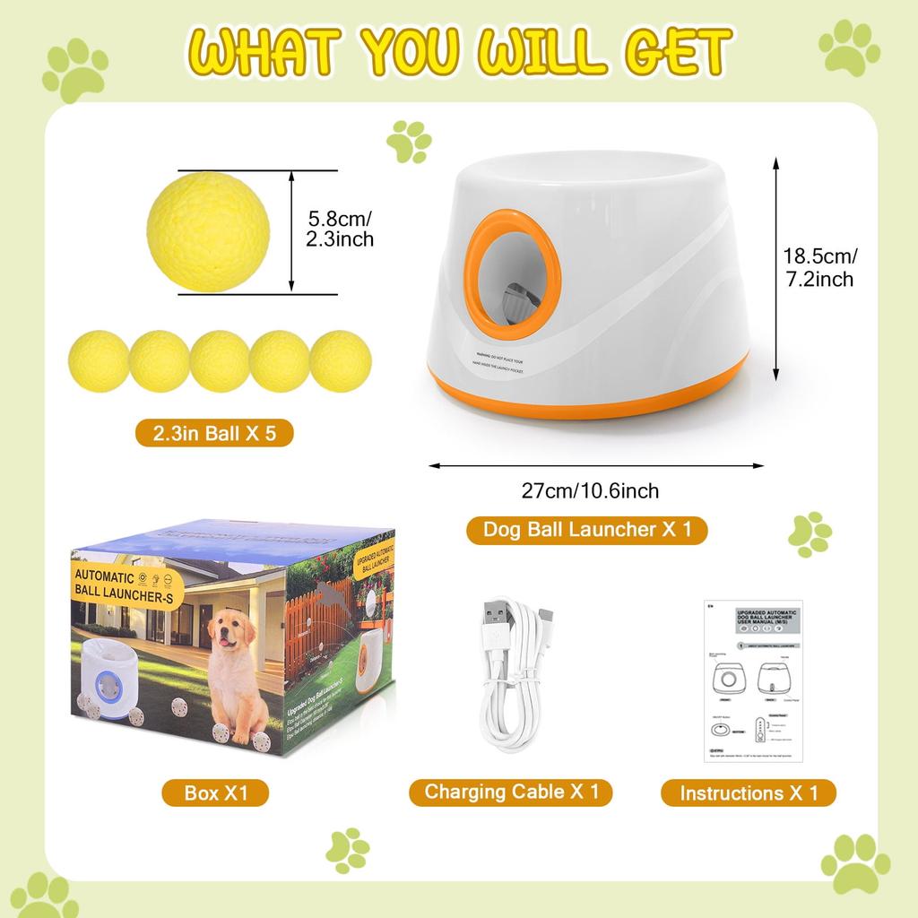 Lanceur de balles automatique pour chiens, Machine interactive de lancer de balle avec 3 niveaux de distance(20-46 pieds) & 5 Balles, Lanceur de Balle pour Chien pour Jouer à l'Intérieur et à l'Extérieur