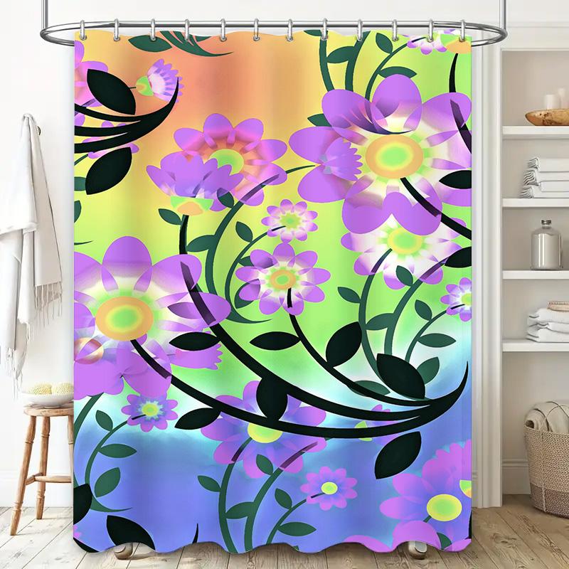 Bright Bath Shower Curtain Waterproof Printed Fabric Floral Decorative Pattern 180x240cm for Bathroom Decorations Lavender Purpl