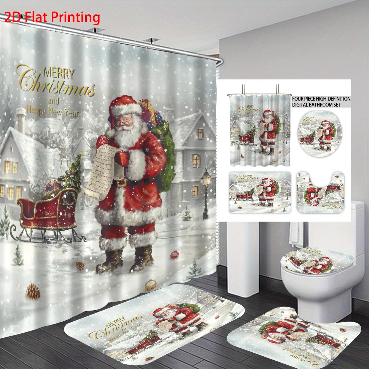 

4pcs Merry Christmas Santa Claus Printed Bathroom Set 180x180 Waterproof Shower Curtain Floor Mat Toilet Mat U-shaped Mat