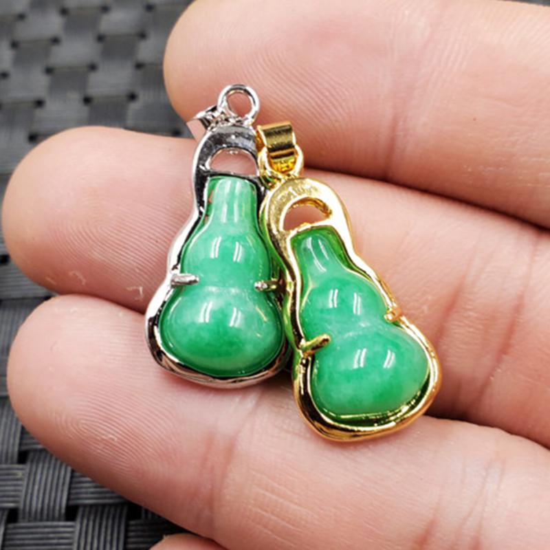 Green Jade Gourd Necklace Pendant - Three-Dimensional Design Gold 13*24mm