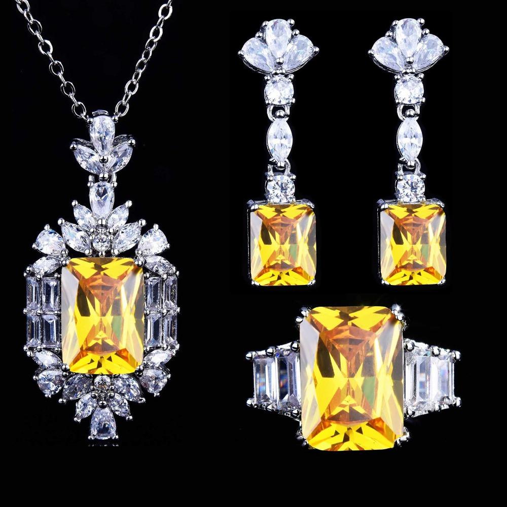 Micro Pave PT950 Gemstone Open Ring Yellow Diamond Earrings Necklace Women Jewelry Set