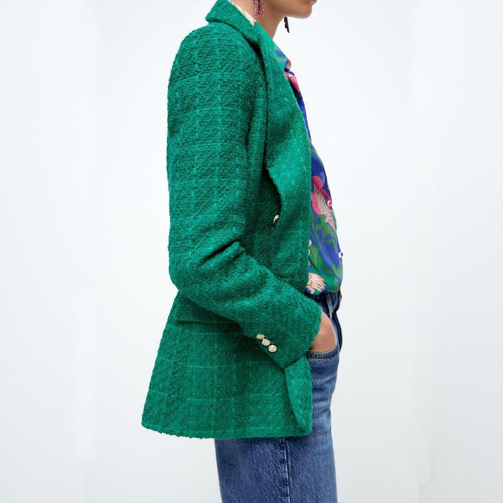 Women Jacket Autumn Fashion Double Breasted Tweed Check Blazer Coat Vintage Long Sleeve Pockets Female Outerwear