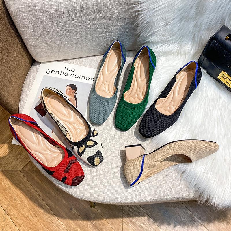 High Heel Square Head Single Shoes Women's Medium Heel Flying Weaving Leopard Print Women's Coarse Heel Comfortable Weaving High Heels