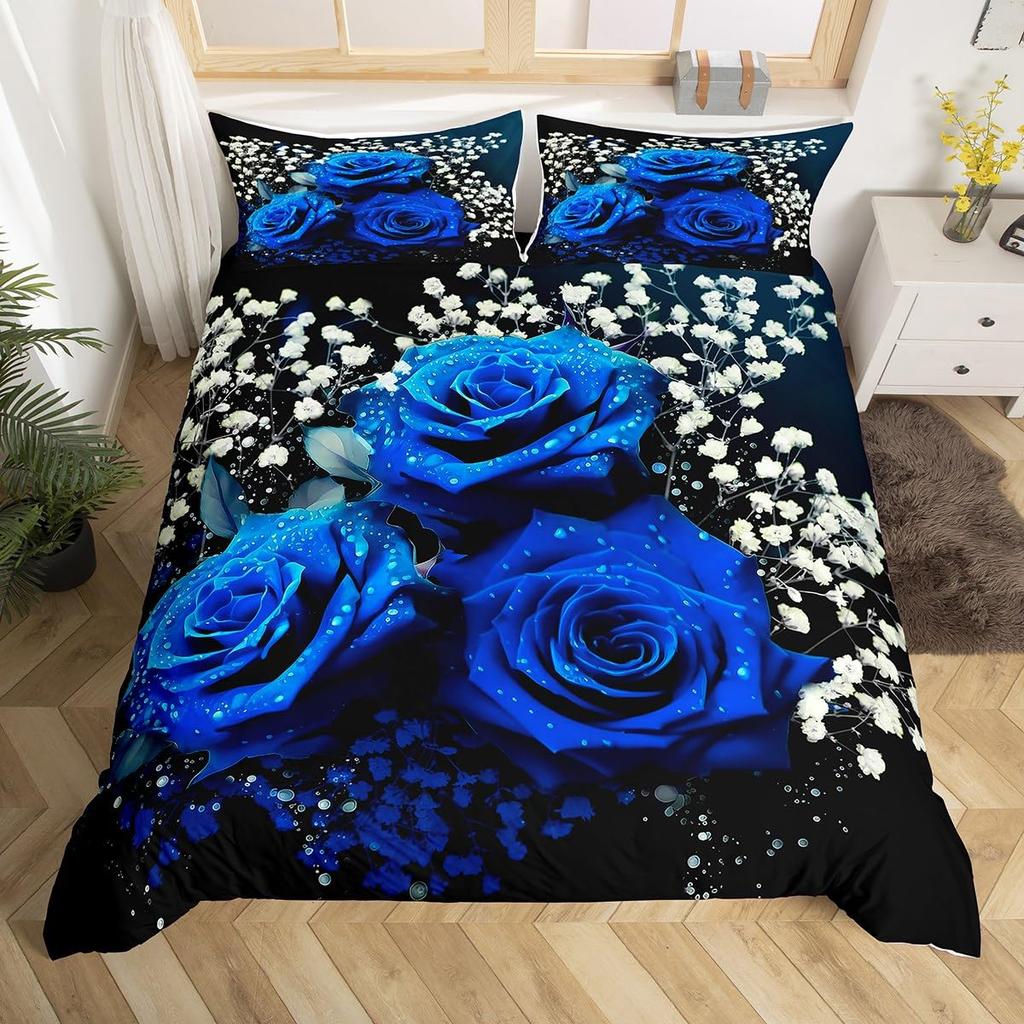 Royal Blue Roses Bedding Set Valentine's Day Flower Duvet Cover Girls Lovers Couple Comforter Cover Floral Polyester Quilt Cover