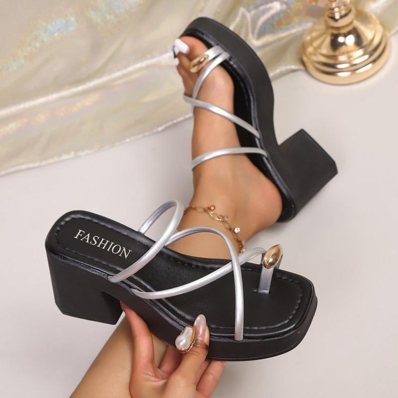 French High Heel Sandals Women's Summer Outdoor Wear Toe Post Slippers New Fashion Thick Heel Sandals Black Slip-On Shoes