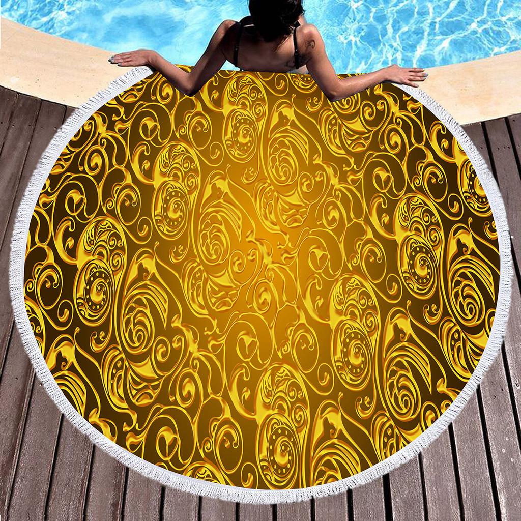 Luxury Gold Vintage Floral Round Beach Towel with Tassels, Microfiber Quick Dry Beach Blanket Absorbent Meditation Rug Yoga Mat