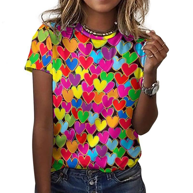 2026 New Summer Round Neck Women's T-shirt Fashion 3D Printed Love Color Printed Short Sleeve T-shirt Cartoon Casual Top