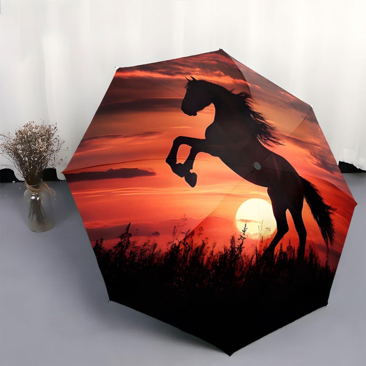 Automatic Opening/Closing Umbrella with Horse Sunset Design - 8-Rib Windproof & Self-Closing Mechanism, Collapsible Portable U