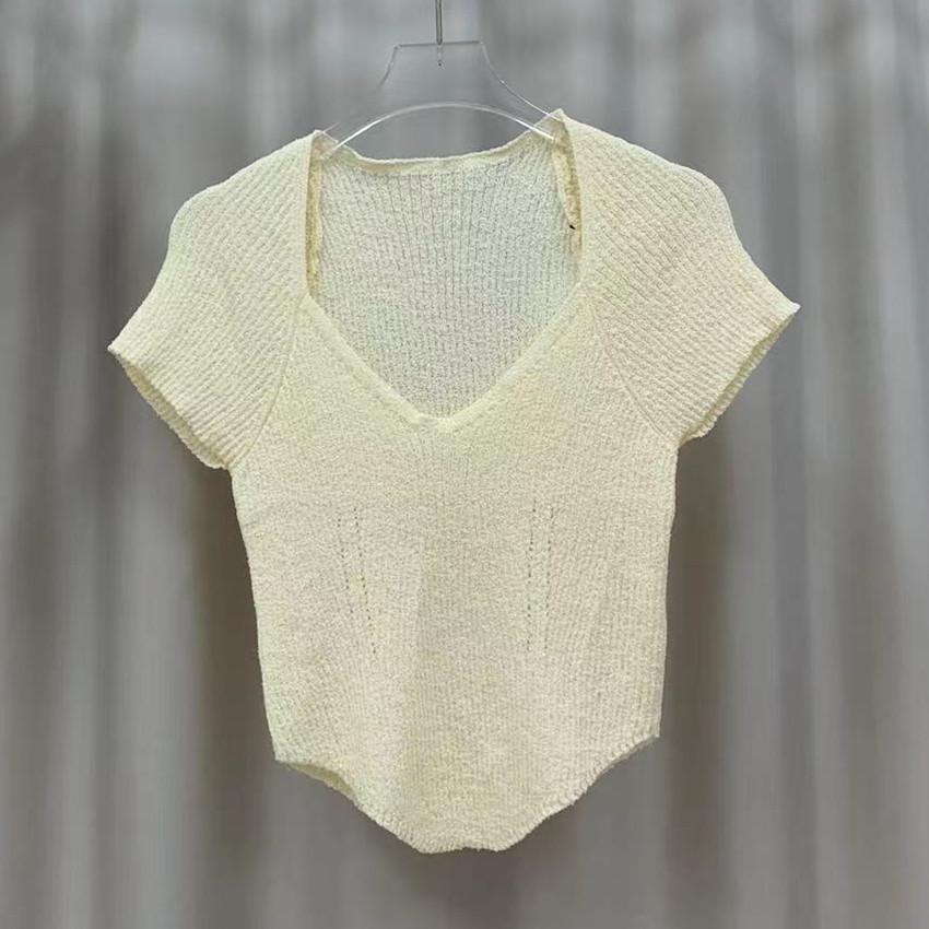 Pletená košile s krátkým rukávem s výstřihem do V Dámské letní modely Smysl pro design s pozitivním ramenem Niche Slim Krátké Nepravidelné Sladěné Topy Ležérní Pulovry Trička