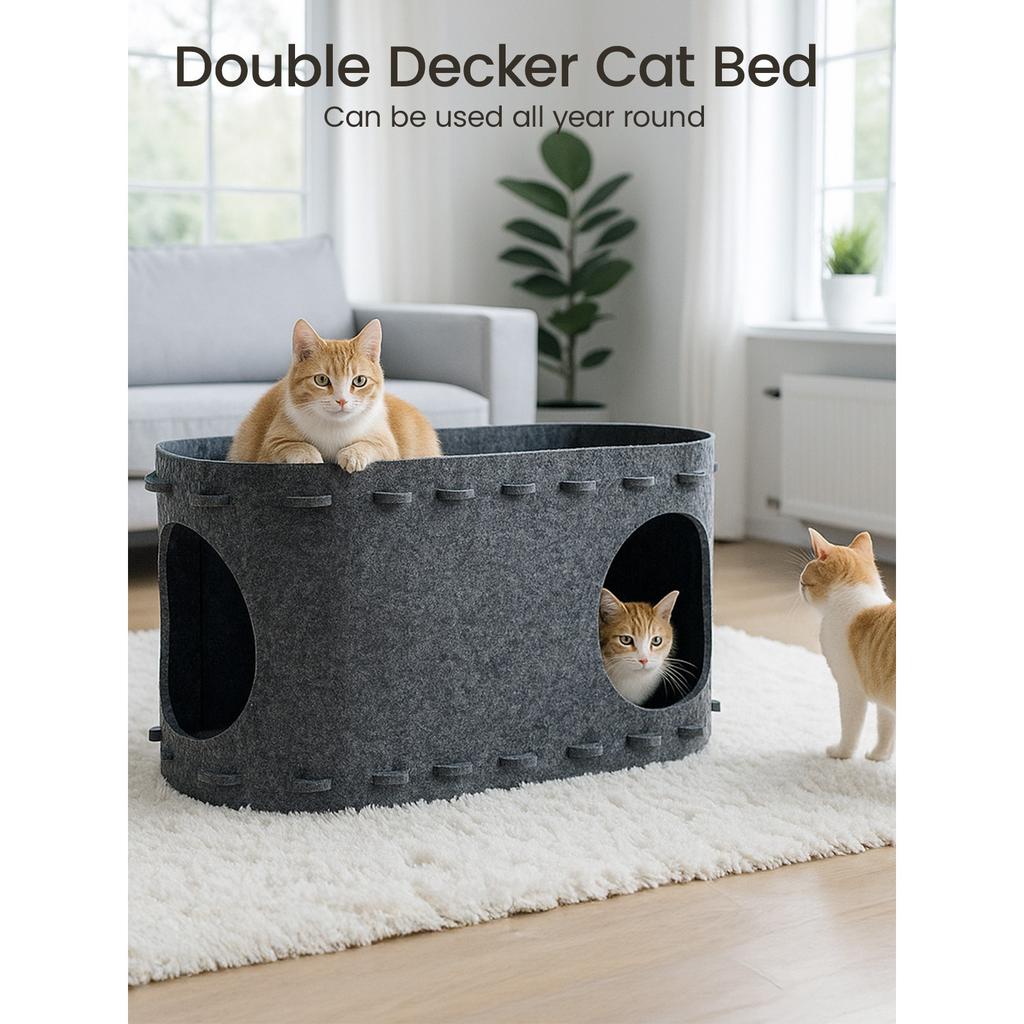 Cat Cave Bed 2-in-1 Foldable Cat Hideaway House Dual Layer Felt Lounge Pet Play Space for Indoor Cats