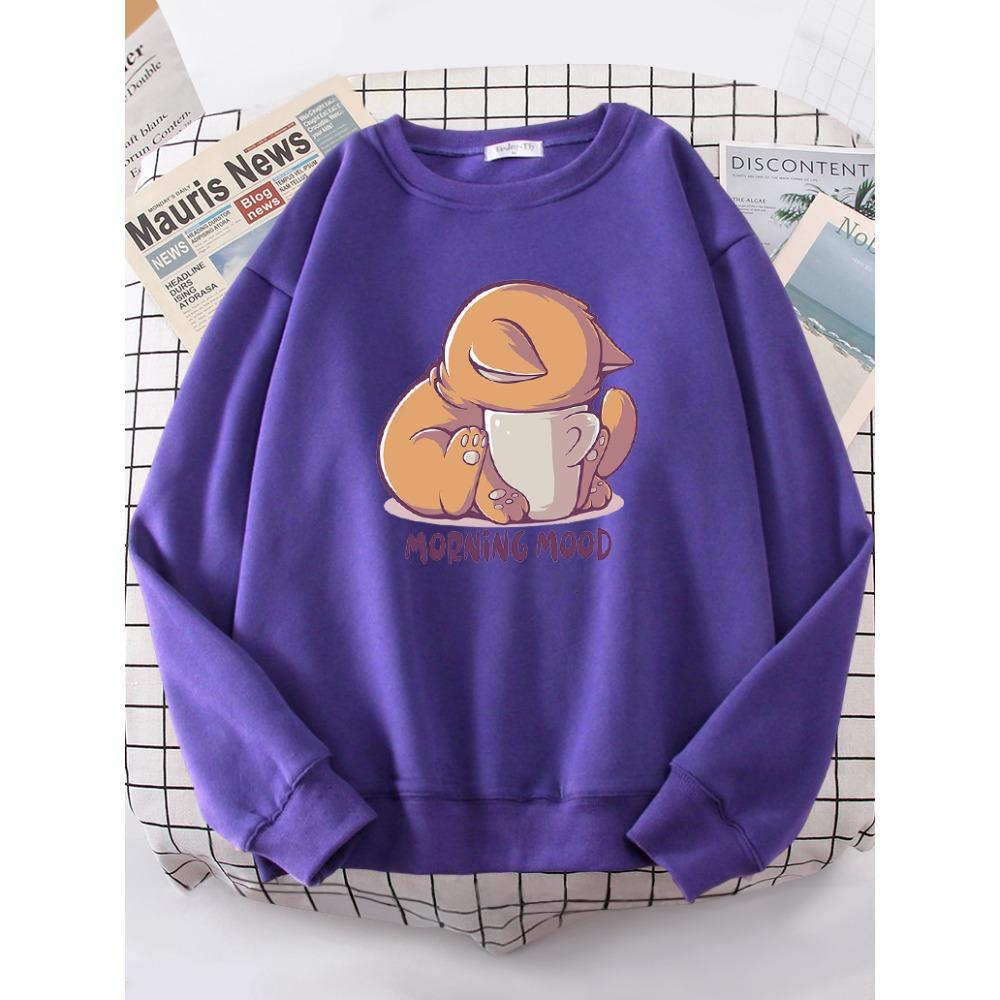 Cat Is Looking At The Cup Lovely Sweatshirt Female Fashion Fleece Hoody Crewneck Casual Hoodies Pullover Oversize