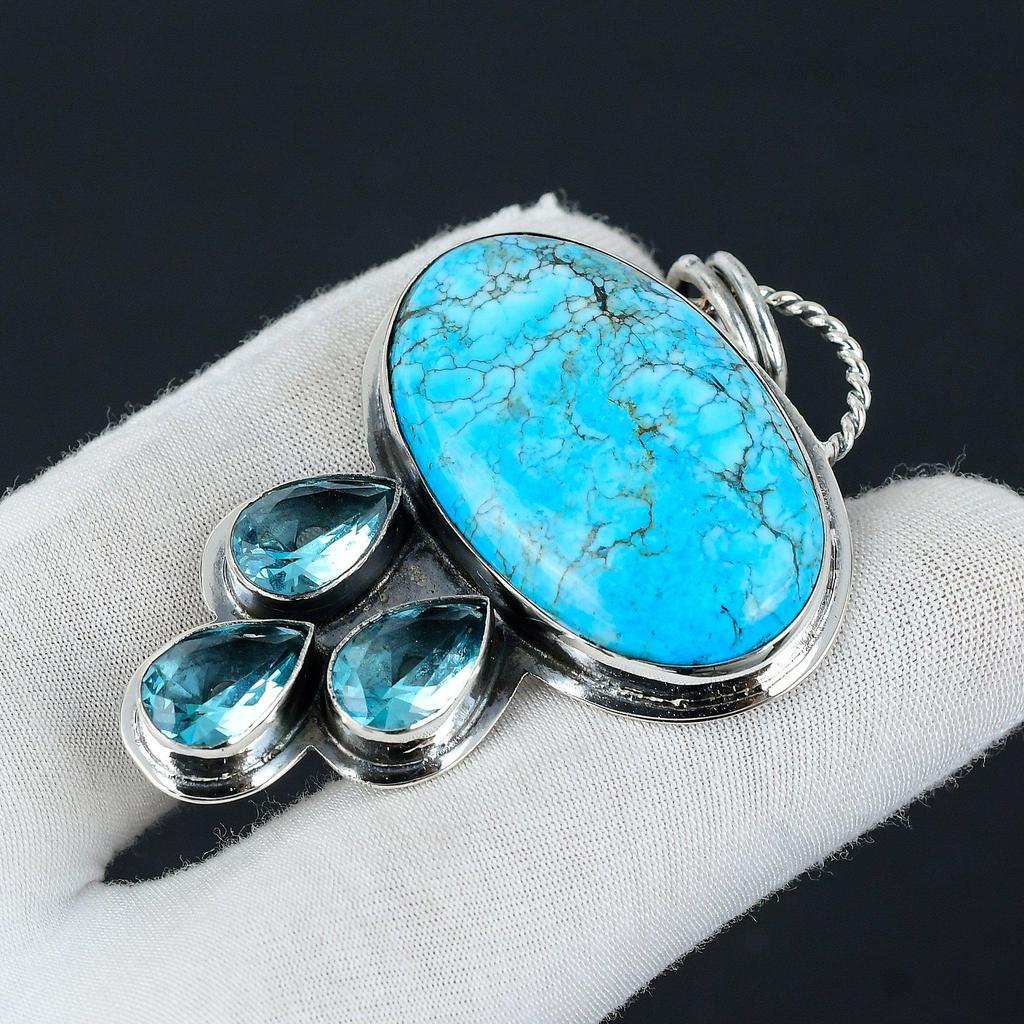 Tibetan Turquoise, Swiss Blue Topaz Gemstone Silver Pendant, 925 Sterling Silver Jewelry Pendant, Natural Turquoise Pendant For Women/ Gifts