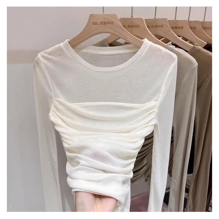 Damen Mesh Plissee Slim-Fit Langarm Oberteil, Frühling/Sommer Trendiges Design