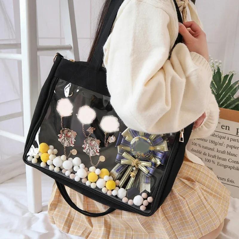Bolsa Ita Grande Preta com Inserção Japonesa Fofa Transparente para Mulheres Alças Duplas Meninas Kawaii Bolsa de Ombro Transparente Bolsas e Bolsas