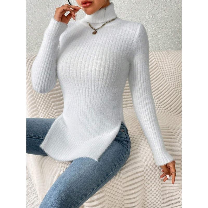 Women's Sexy Sweater Autumn Winter Turtleneck Knit Hem Slit Top Solid Color