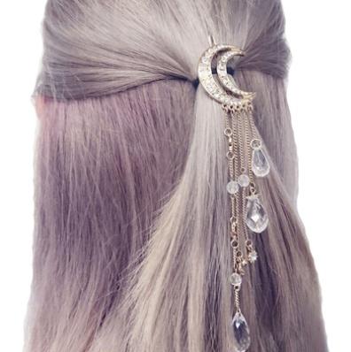1pc Exquisite Gold/Silver/Rose Gold Color Crystal Moon Hair Clip Tassel Hairpins Brushes Long Hair Accessories