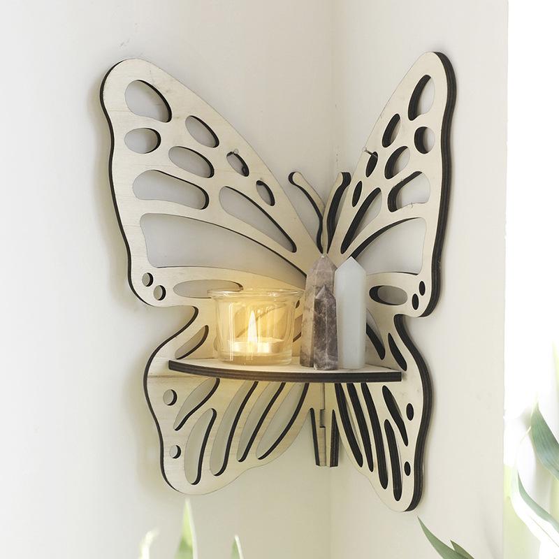 Wooden Craft Butterfly Hollow Crystal Storage Shelf Simple Home Wall Ornament Decoration