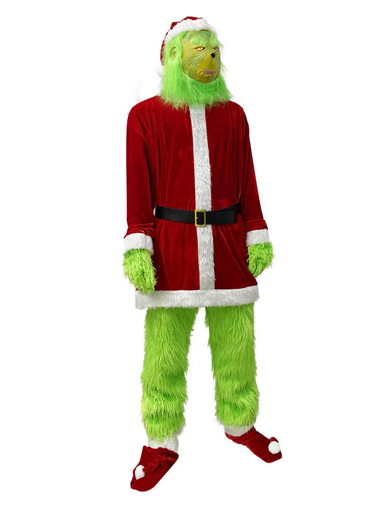 Grinch Christmas Costume Cosplay Set for Adults, Grinch Outfit with Hooded Jumpsuit for Holiday Party Performance