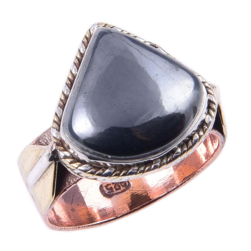 Natural Gunmetal Gemstone Handmade 925 Sterling Silver Two Tone Ring Size 8 T9M30