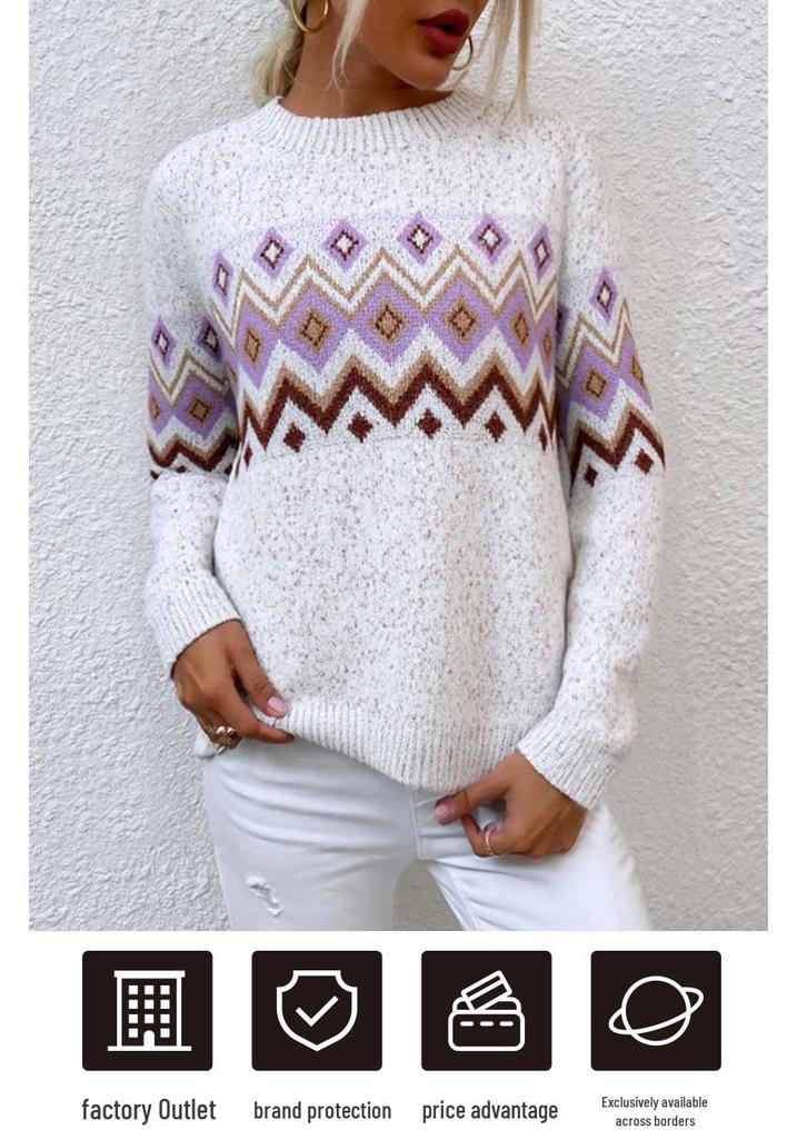 Autumn Winter Women's Jacquard Pullover Sweater - Half-High Collar, Long Sleeve, Casual Loose Knitwear