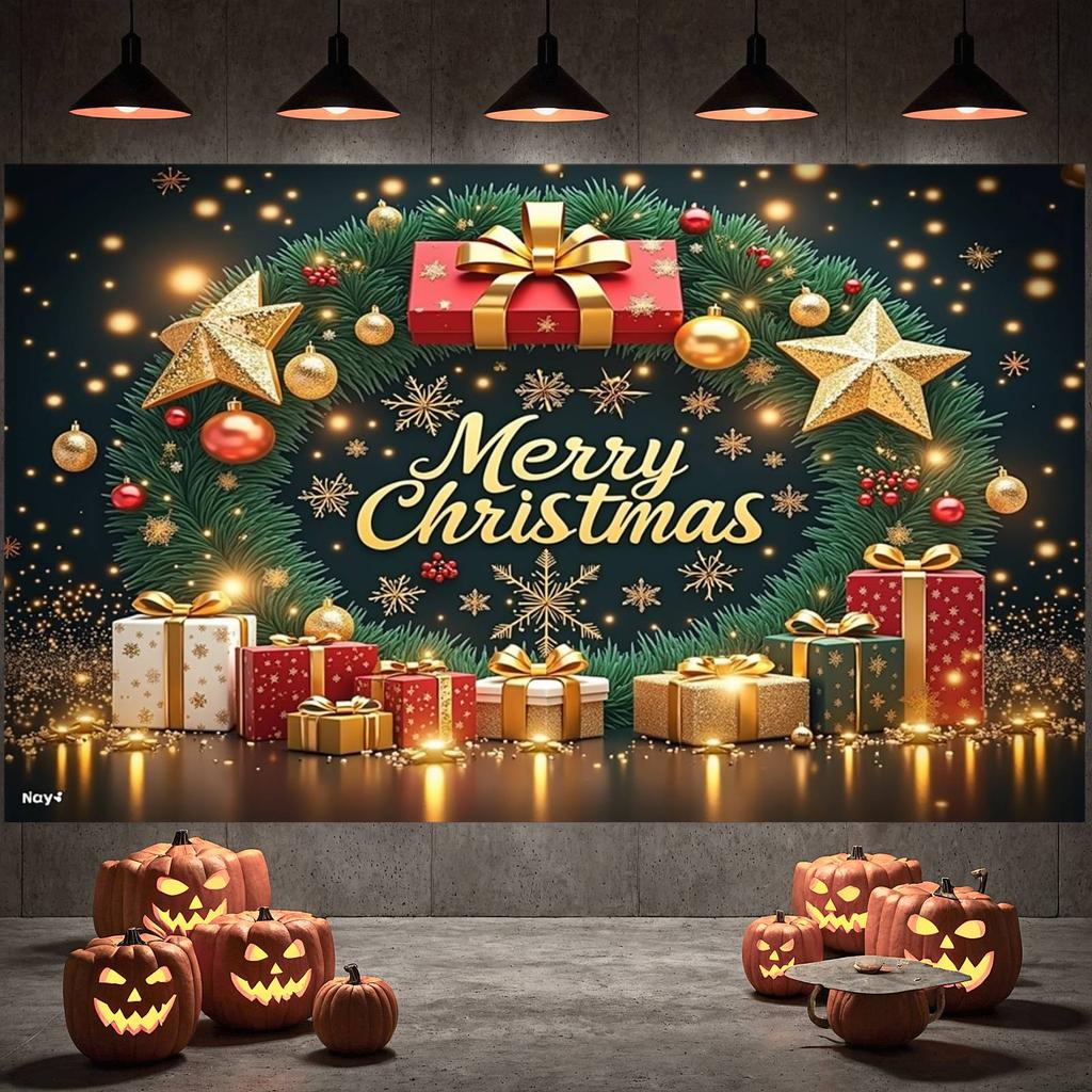 Merry Christmas Banner Xmas Theme Gold Christmas Banner Christmas Backdrop Reindeer Design For Office Party Xmas Decoration