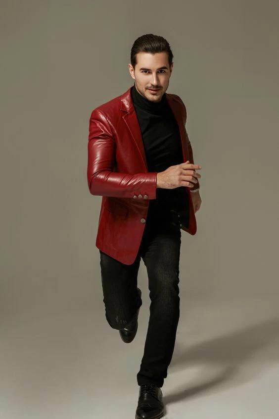 Men Red Leather Blazer Coat Halloween Fashion Stylish SlimFit Real Soft Lambskin