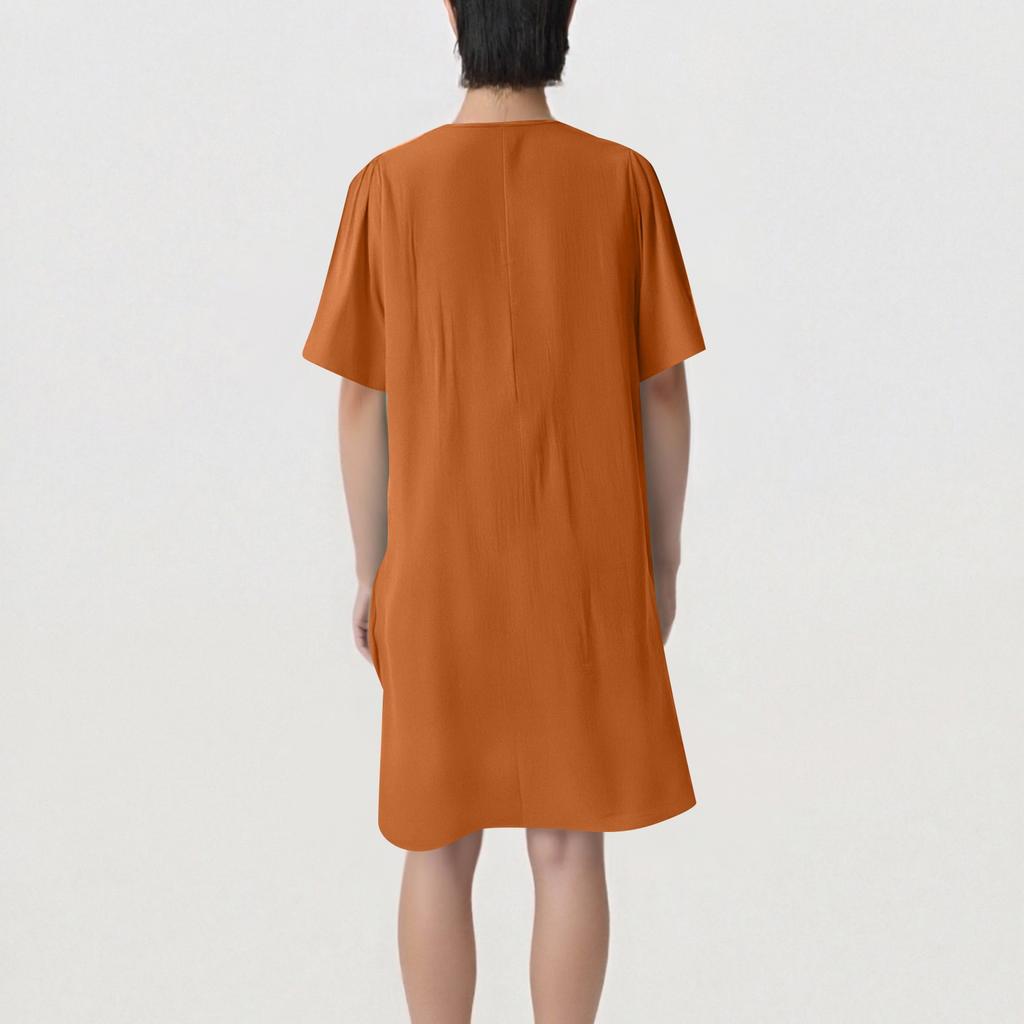 Women's Casual Loose Fashion Retro Cotton Short Sleeve V-neck Pleated Dress