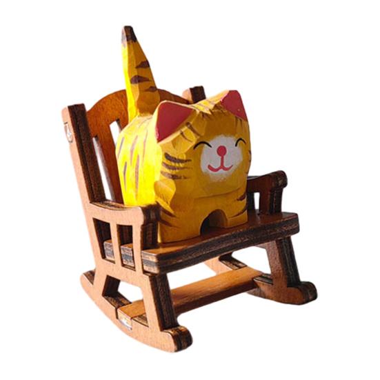 Small Hand-Carved Wooden Animal Figurine Cute Rocking Chair Cat/Dog/Fox Statue for Desk Home Office Decor