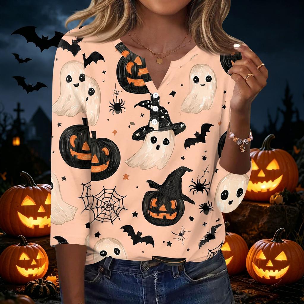 Women Casual Halloween Print V Neck Button Three Quarter Sleeve T Shirt Top Lightweight Comfortable Fit