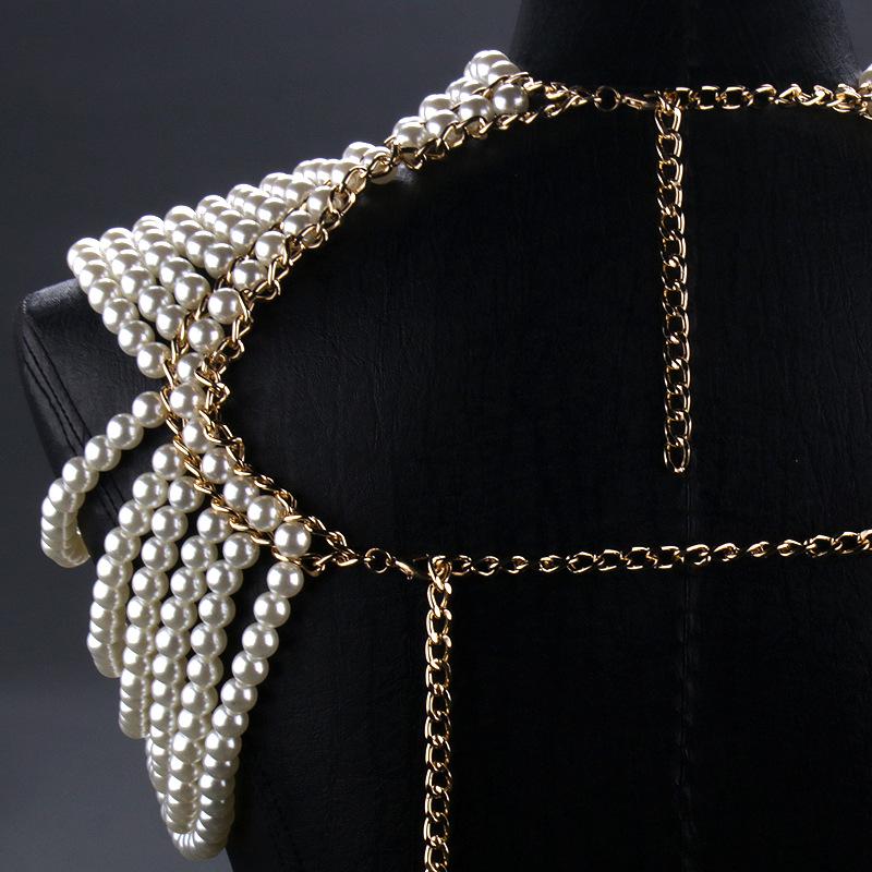 Collana Choker Multi-strato Fatta a Mano con Perle e Catena per Spalle