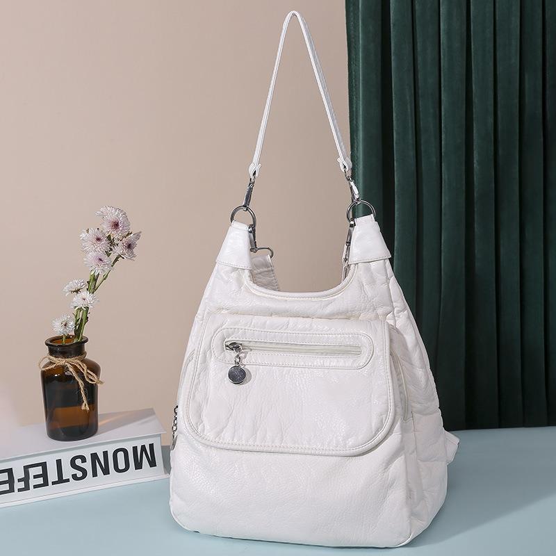 Multifunction White Backpacks Fashion Washed Soft PU Leather Anti-thief Backpack Large Capacity School Bag for Teenager Girls
