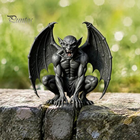Halloween Gothic Decoration Gargoyle Figurine, Medieval Dark Winged Statue, Resin Retro Style Statue Horn Demon Ornament for Office Bookshelf