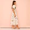 Summer Casual Puff Short Sleeves Dresses for Female Plant And Flower Prints Dress Round Necked Dress Women's Fashion High Waist Dress Beach Dress