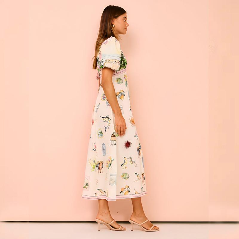 Summer Casual Puff Short Sleeves Dresses for Female Plant And Flower Prints Dress Round Necked Dress Women's Fashion High Waist Dress Beach Dress