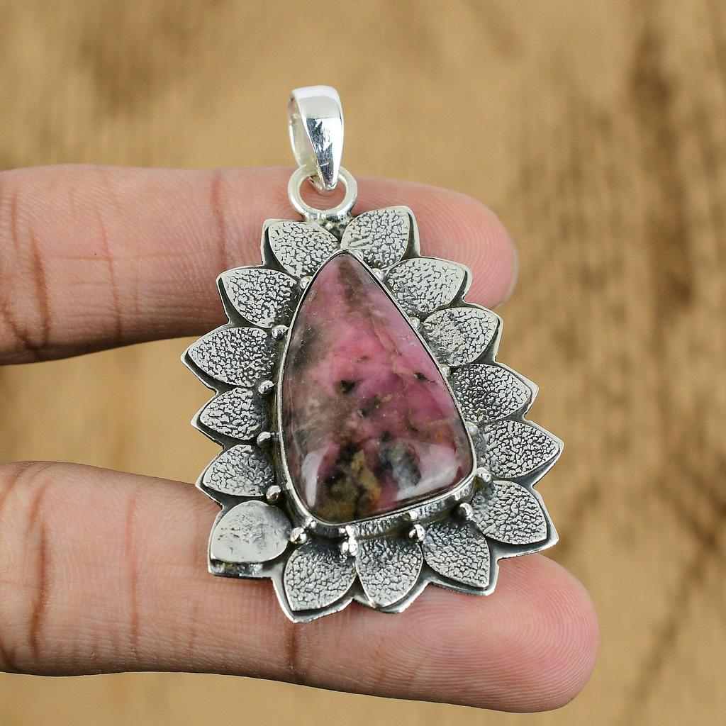 Natural Rhodonite Gemstone Pendant 925 Sterling Silver Indian Jewelry For Girls