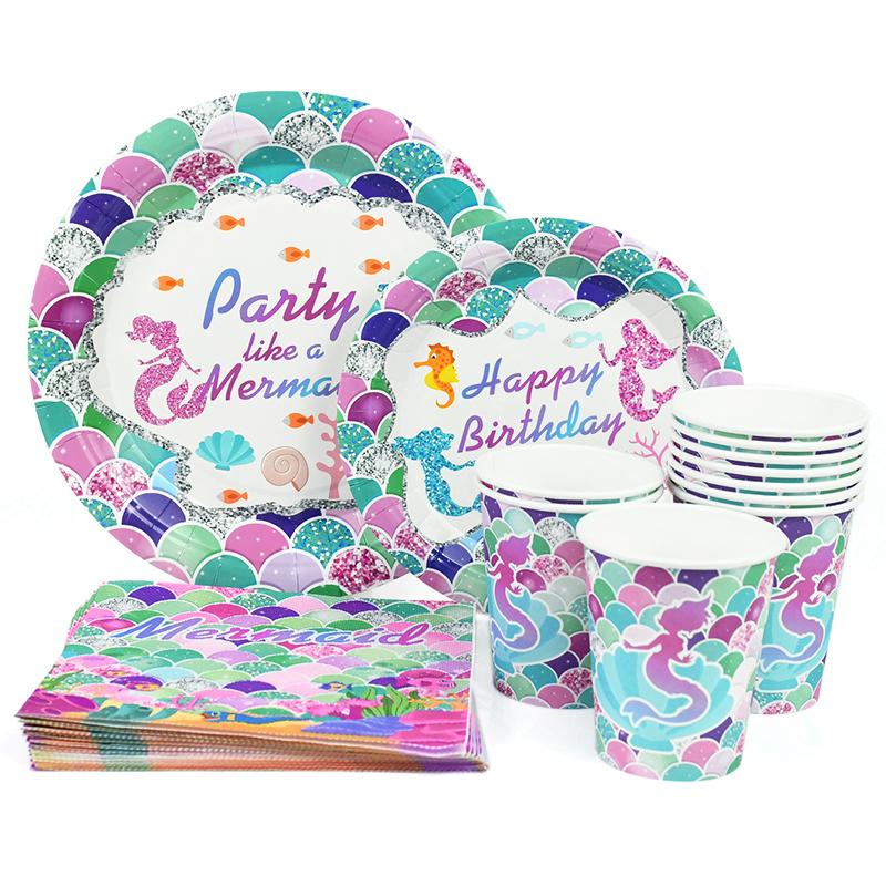 Meerjungfrau Einweggeschirr-Set Kleine Meerjungfrau Thema Pappteller Becher Kinder Mädchen Geburtstagsparty Dekoration Gastgeschenke Unter dem Meer