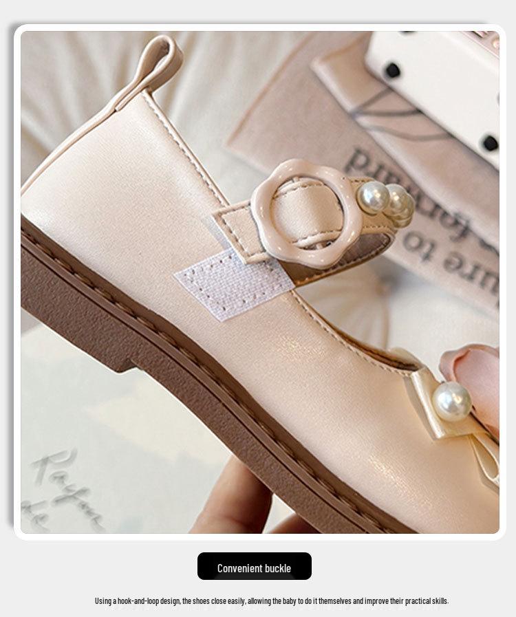 Children's Rose Floral Pearl Mary Jane Shoes - Non-slip, Stylish Spring/Autumn Leather Princess Shoes