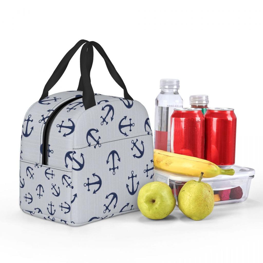 Maritime Pattern Of Blue Anchors On Light Gray Insulated Lunch Bag for Women Children Portable Food Boxes Thermal Lunch Box Tote