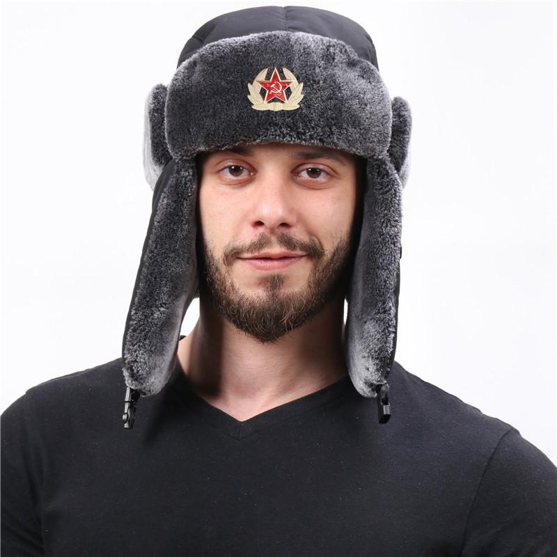 Winter Warm Military-Style Earflap Hat Men Women With Embroidered Soviet Emblem Windproof Outdoor Cap