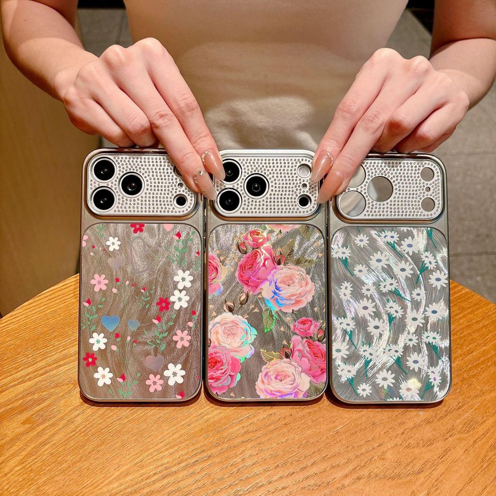 Gauze Flowers Rhinestone Lens iPhone 17 & 16 Pro Max Electroplated Hard Case